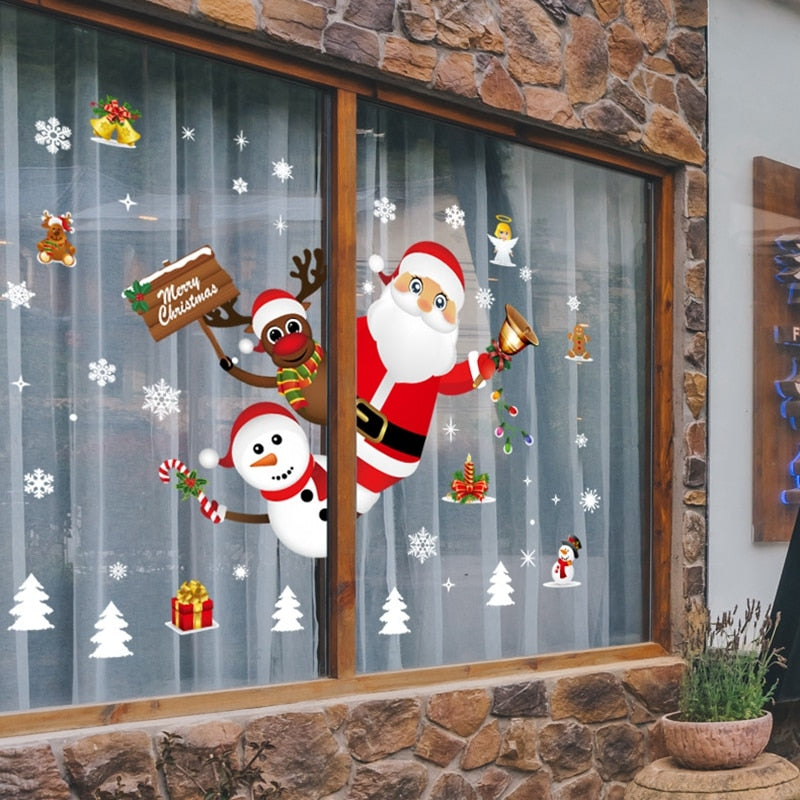 1 세트 산타 클로스 눈사람 엘크 윈도우 스티커 눈송이 가래 정전기 벽 스티커 2023 홈 새해를위한 크리스마스 장식
