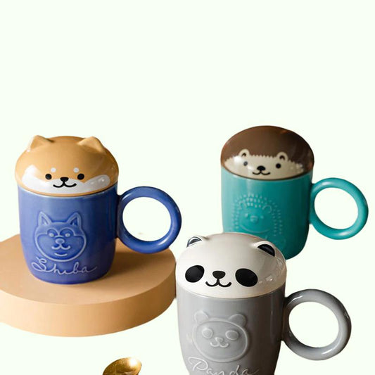 귀여운 만화 팬더 고슴도치 고양이 개 컵 뚜껑과 반지 핸들 커피 차 밀크를위한 세라믹 맞춤 동물 머그 컵 재미있는 선물