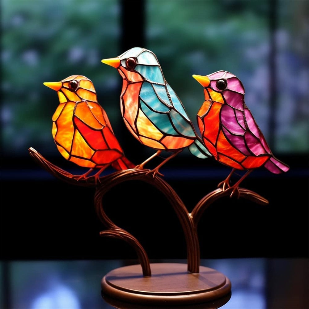 Stained Acrylic Birds on Branch Desktop Ornaments Acrylic Material Birds Home Ornaments Parrot Pendant Best Mother's Day Gifts