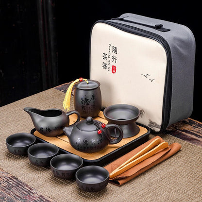 9 Pcs Set Teawere Retro Designer Cool Purple Sand Ceramic Teapot Set Travel Kong Fu Tea Kit Porcelain Purple Sand Pot Infuser