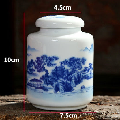 Kiinalainen sininen ja valkoinen posliinikeramiikka Tee Caddy Tieguanyin Suljetut säiliöt Matka-teepussi säilytyslaatikko Kahvikanisteri