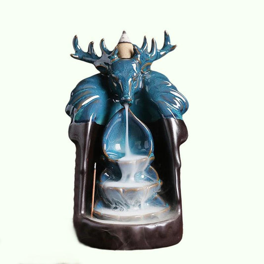 Ceramiczny kadzidło Waterfall Modern Blue Deer Head Backflow Backflow Burner Dekoracja ozdoby Ozdoby wstrząsające