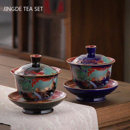 Emalia Kolor trzy Cai gaiwan Znakomita ceramiczna miska herbaty z pokrywką herbatę Chińskie zestaw herbaty Prezenty wysokiej jakości herbatę infuzor