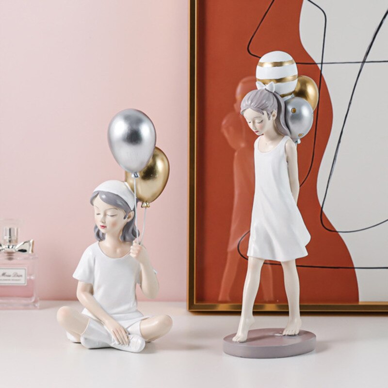 Nordic Cute Balloon Girls Figurine Resin Art Sculpture Figura da collezione Statue Cragi da soggiorno Desktop Ornament Regalo
