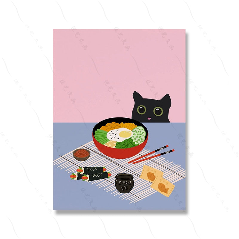 Koreansk mat gata kimchee affisch tryck modern svart katt picknick kök väggkonst duk målning dekor hem påsk barnrum