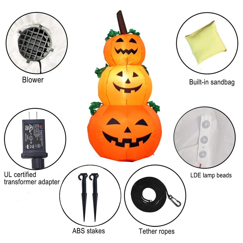 120 cm riesiger Halloween-Kürbisgeist, aufblasbares LED-beleuchtetes Spielzeug, 3 Jack-O-Laternen, Hofgraden, Heimdekoration, Party-Requisiten, Airbow