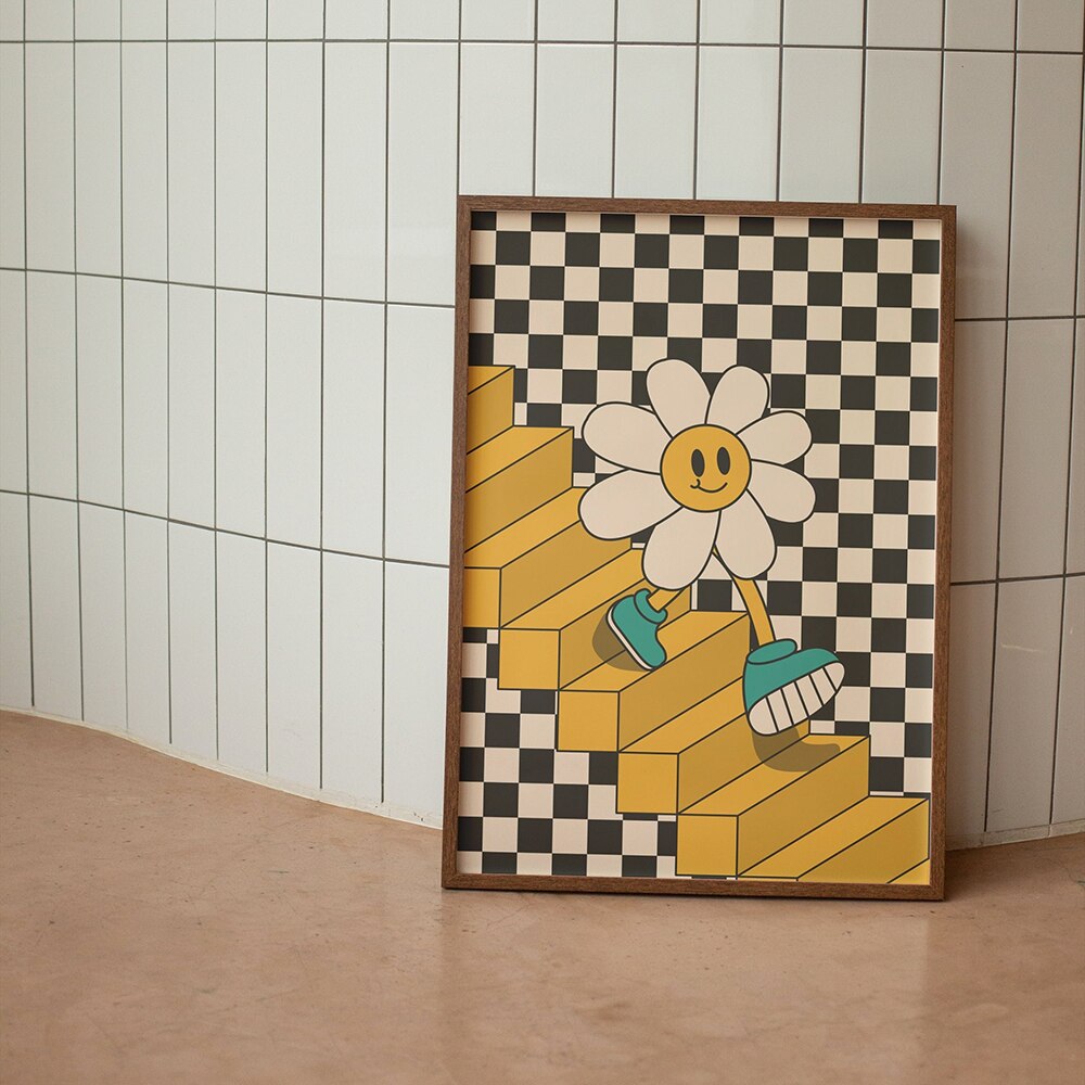 웃는 웃는 꽃 만화 포스터 레트로 그루비 70 년대 스타일의 벽 예술 사진 트렌디 한 히피 캔버스 페인팅 거실 장식
