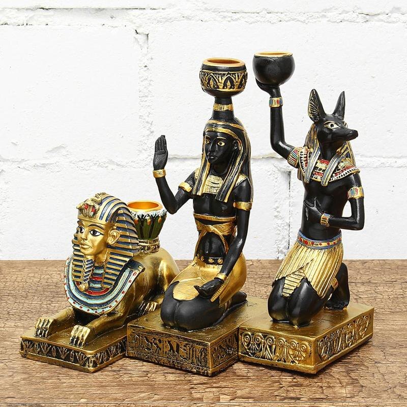 Patung -patung resin Candleholder Retro Dewi Mesir Kuno Sphinx Anubis Bentuk Candlestick Crafts Home Ornamen Dekorasi Rumah