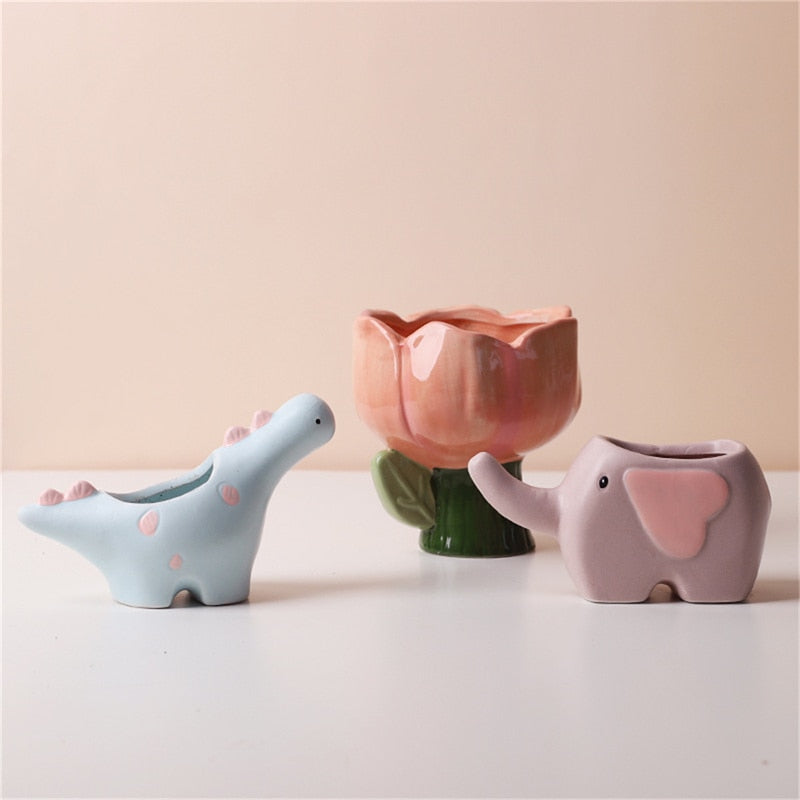Pianta creativa a forma di fiore pentola ceramica per fiori cartone animato elefante dinosauro succulento pentola carina tavolo da casa decorazione vaso