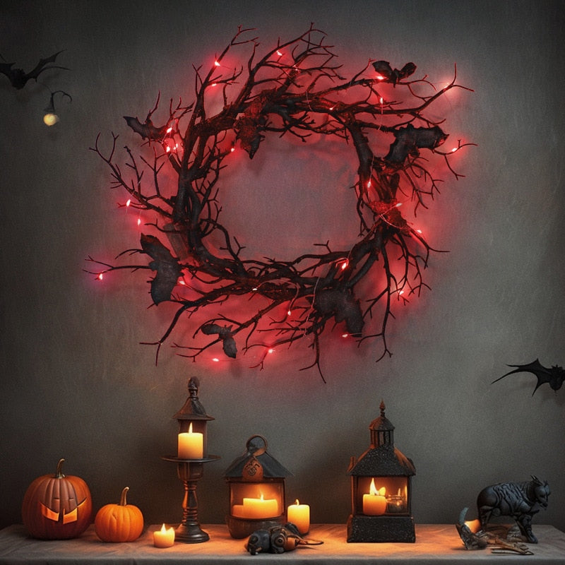 Halloween krans bat sorte gren kranser med rødt LED -lys 45 cm kranser til døre vindue blomster krans halloween dekoration