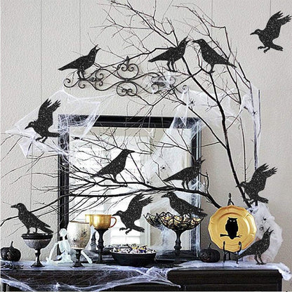 Gotik Cadılar Bayramı Ağacı Asma Dekorasyonları İçin Glitter Black Crow Cage Cadılar Bayramı Parti Dekorasyonları Kuzgun Kuş Banner Çelenk