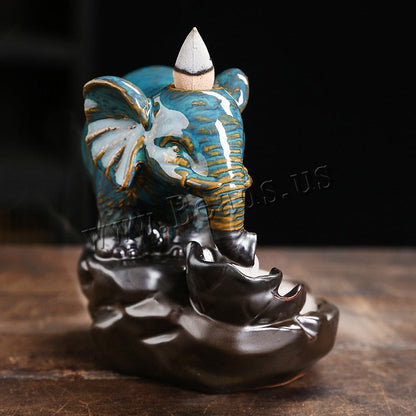 Blå elefant tilbakestrømningsrøkelsesbrenner håndarbeid keramisk røkelse sensurholder hjem ornament røyk foss bærbar sensur