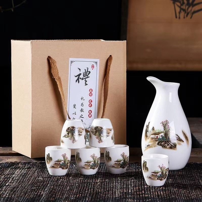 7 -stcs/set keramiek sake pot cups set Japan vintage flagon heup kolfs bamboe likor cup home keuken drinkware cadeaus barware 250 ml