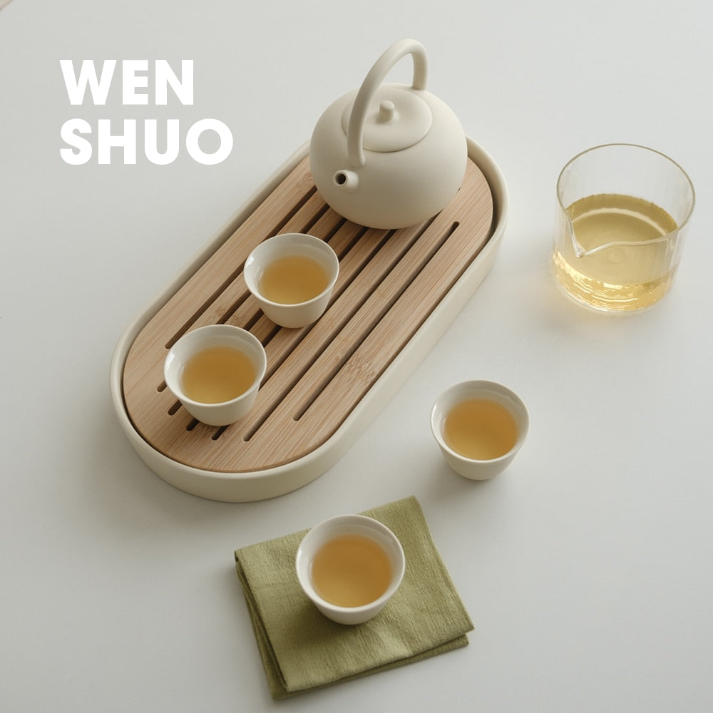 Kungfu Tea Set med loophåndtag Infuser, Warm Matte Cream Glaze, med bambus, der serverer bakke, fødselsdag/fest gaver