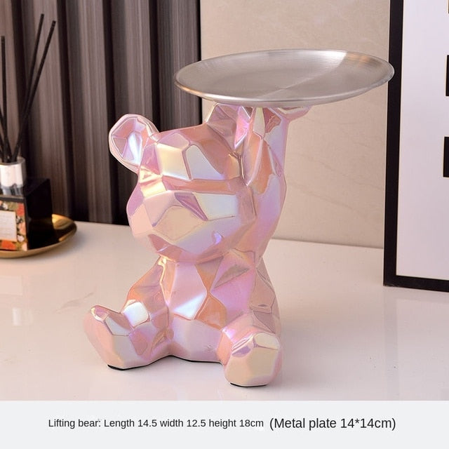 Геометрическая форма керамическая гальваническая статуя медведь с подносом из скорбки, конфет, косметической ящиком для хранения, отделка на полке.