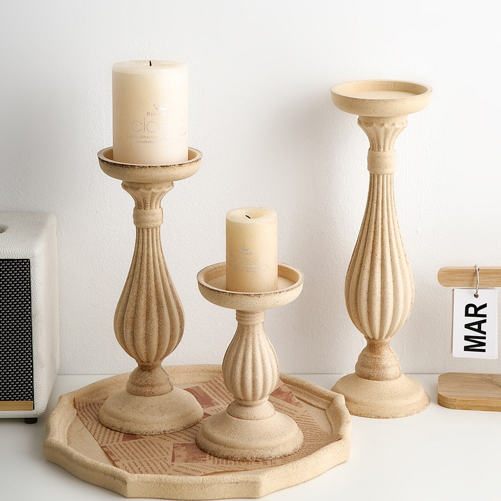 나무 공예 레트로 홈 장식 로마 기둥 캔들 홀더 식탁 장식품 거실 장식을위한 창조적 촛대