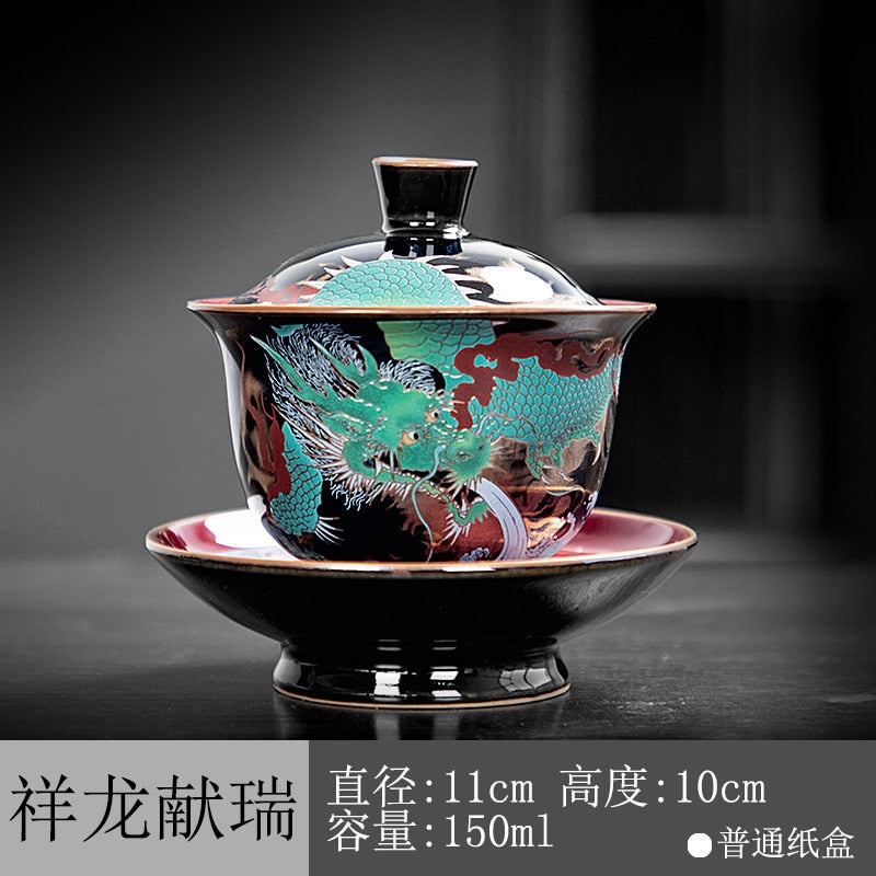Bol à thé Jucai en céramique émaillée, Dragon vert chinois Gaiwan, service à thé Kung Fu de Style palais Vintage, cadeaux d'affaires luxueux