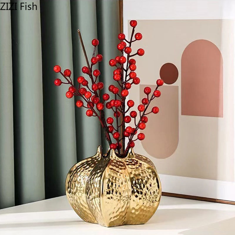 צורת רימון מצופה זהב אגרטל קרמיקה פרחים מלאכותיים של פרחים דקורטיביים קישוט שולחן כתיבה מלאכת אגרטלים פרחים