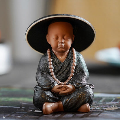 Black Pottery Buddhist Monks Miniature Figurines Buddha Statue Sculpture Fairy Ornaments Meditation Home Garden Docor Decoration