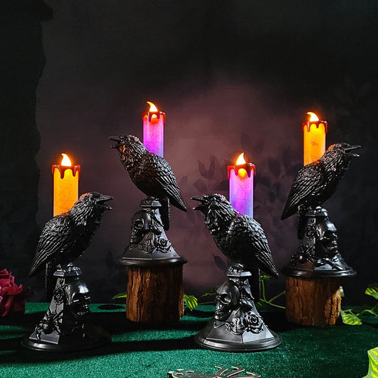 Bougie LED en forme de corbeau pour Halloween, chandelier en résine, accessoires de fête d'horreur, décoration gothique 