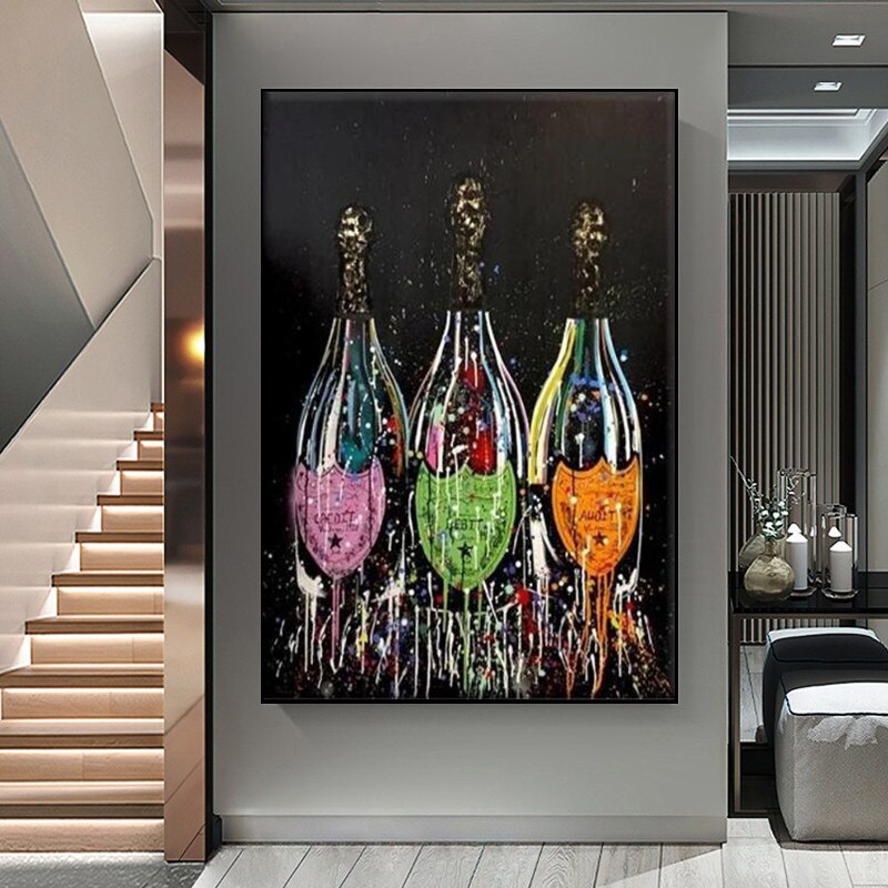 カラフルなポップアートキャンバスペインティングシャンパンボトルポスターとリビングルームの家の装飾のためのモダンな抽象的な壁アート画像を印刷