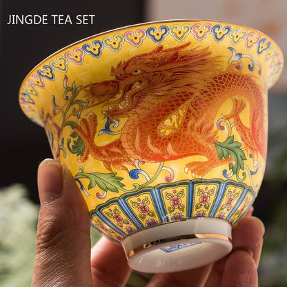 Keramik sancai gaiwan skål drage og phoenix master cup te cup håndlavet emalje farve te skål high-end respekt te sæt