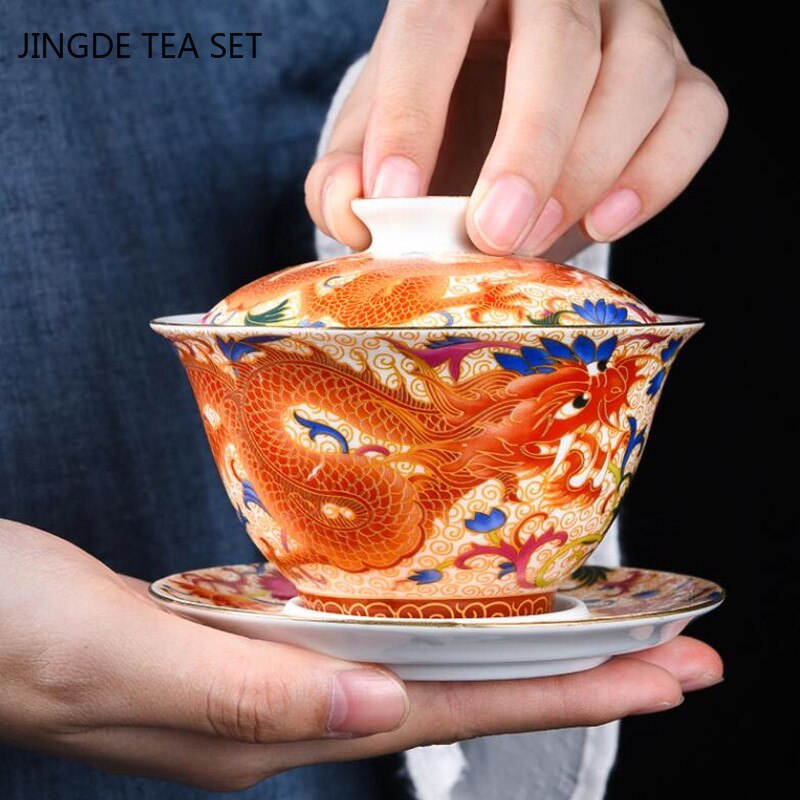 Palacio esmalte Patrón de dragón cerámica gaiwán chino hecha hecha a mano té de té tazón accesorios de té de té para beber 170 ml