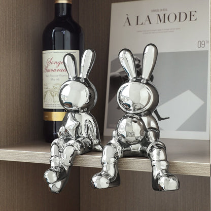 ホーム装飾オフィスデスク装飾リビングルーム装飾動物像2023ウサギのための2pcs彫刻の電気めっきウサギセット