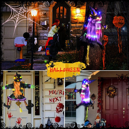 2 Modos Halloween Bata Bruxa na decoração de árvores Halloween Light Up Decorações penduradas com sinal de aviso luminoso brilhante