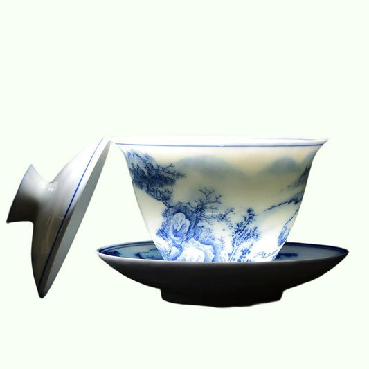 الخزف الأبيض الأزرق والأبيض المناظر الطبيعية Gaiwan المنزل مع غطاء فنجان شاي وعاء أطقم شاي سيراميك صيني صانع الشاي اليدوية