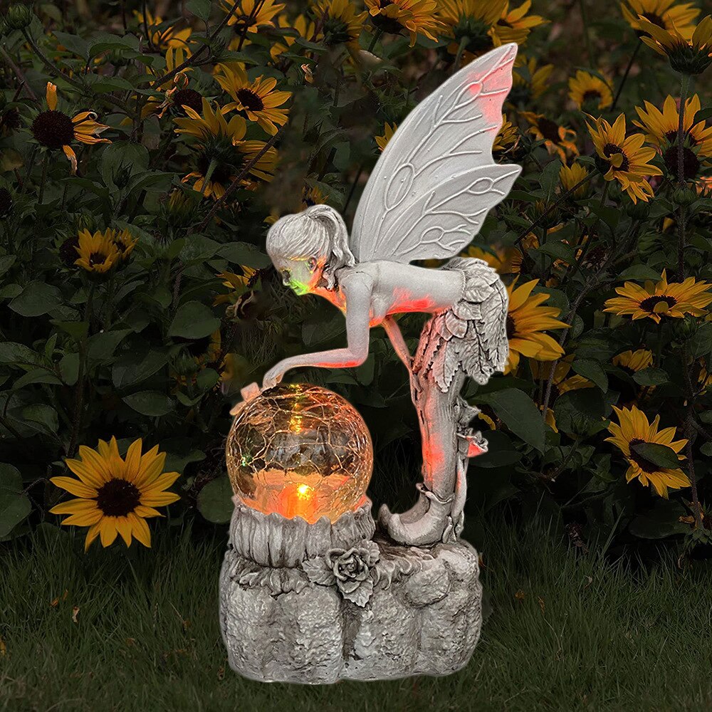Ornement de fée de fleur, veilleuse solaire boule de cristal de jardin, Statue de fille d'ange, accessoires de décoration d'extérieur artisanaux en résine pour la maison 
