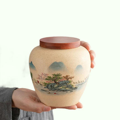Cerâmica chá caddy padrão paisagem grande capacidade tanque de armazenamento doméstico saco de chá de viagem selado jarra de chá café em pó vasilha