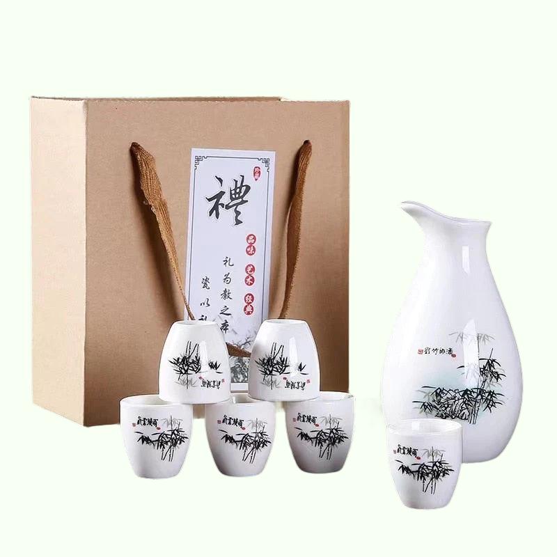7st/set keramik Sake Pot Cups Set Japan Vintage Flagon Hip Flasks Bamboo Liquor Cup Home Kitchen Drinkware Gifts Barware 250ml