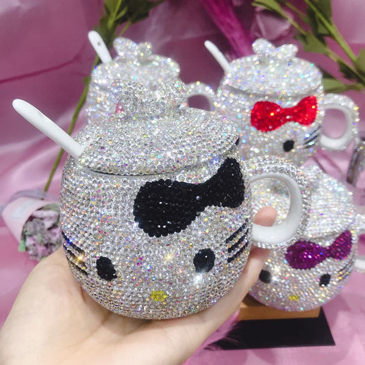 Caneca criativa de caneca fofa estilo gato diamante incrustado em cerâmica de luxo xícara de café