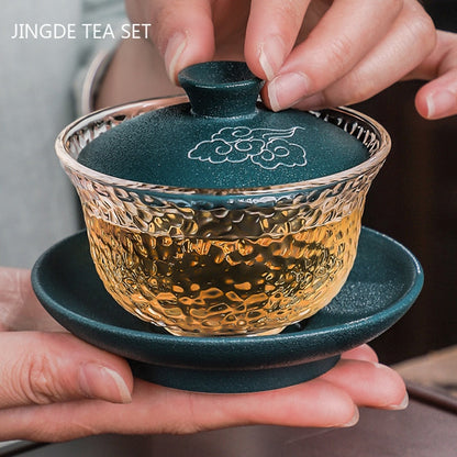 Gelas tahan panas bergaya Jepang keramik gaiwan dengan penutup teh teh rumah tangga mangkuk teh transparan mangkuk set teh teh