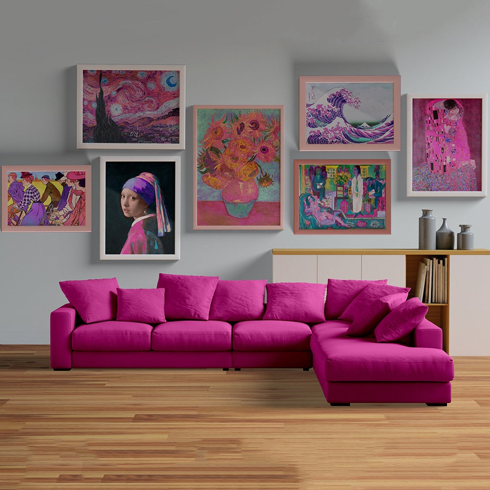 Galerie à thème rose, imprimés éclectiques, Van Gogh Klimt, affiche d'art, peinture sur toile, tableau mural Artsy vibrant, décor de salon 