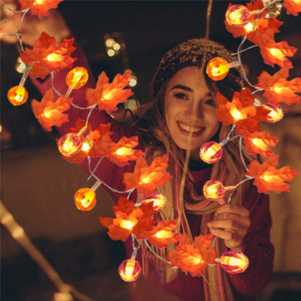 Artificial Autumn Maple Leaves Pumpkin Garland Led Fairy Lights for Christmas Decoration Thanksgiving Party DIY Halloween Decor