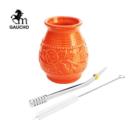 1 PC/Lot Yerba Mate Cups Ceramic Gourds 250 ML Emboss Calabash Pattern Include Bombilla Filter Straw  Cleaning Brush