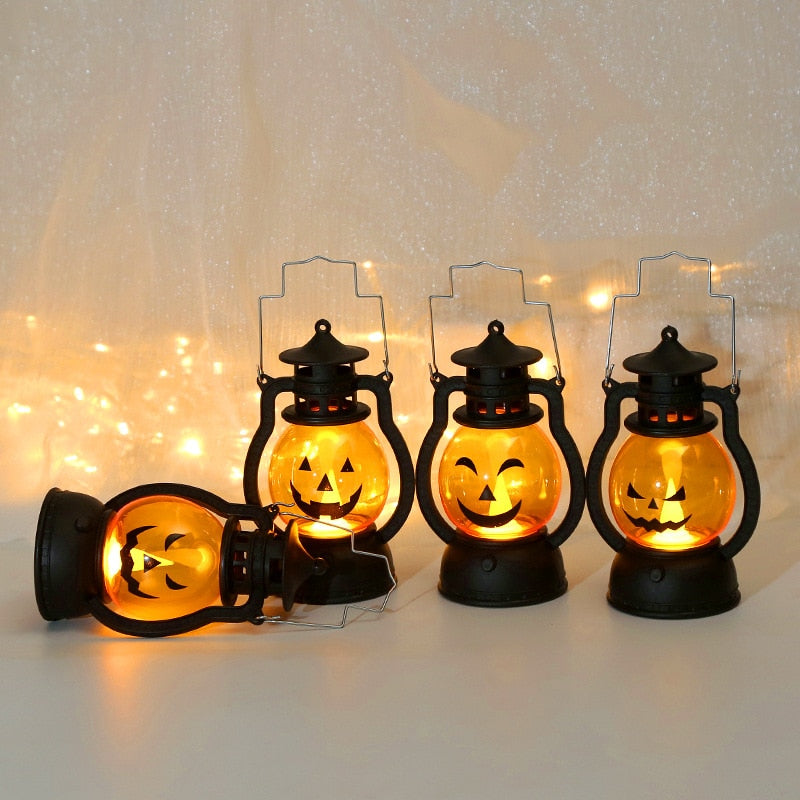 Lanterne citrouille suspendue LED pour Halloween, lampe fantôme, bougie rétro, petite lampe à huile, décoration de maison pour fête d'halloween, accessoires d'horreur 
