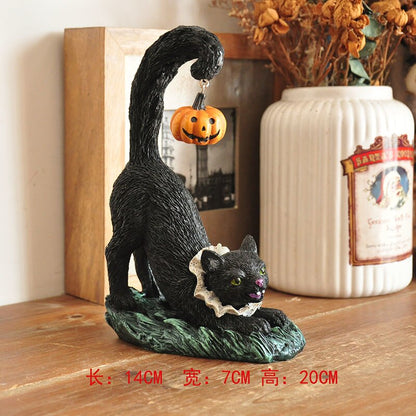 Vintage Ghost Skull Ornament Hand-malt Black Cat Witch Desktop Sculpture Fun Halloween Decoration Ceramic Craft Birthday Gave