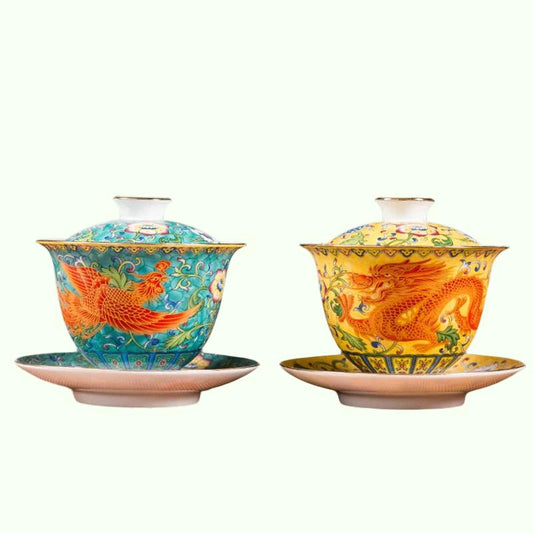 Keramik Sancai Gaiwan Schüssel Drache und Phönix Meistertasse Teetasse Handgefertigte Emaille-Farbteeschüssel High-End-Respekt-Teeset