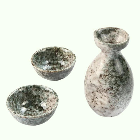 Japanese and Korean Style 200ml Imitation Marbled Round Belly Characteristic Sake Pot Color Glaze Ceramic Small Wine Glass Set