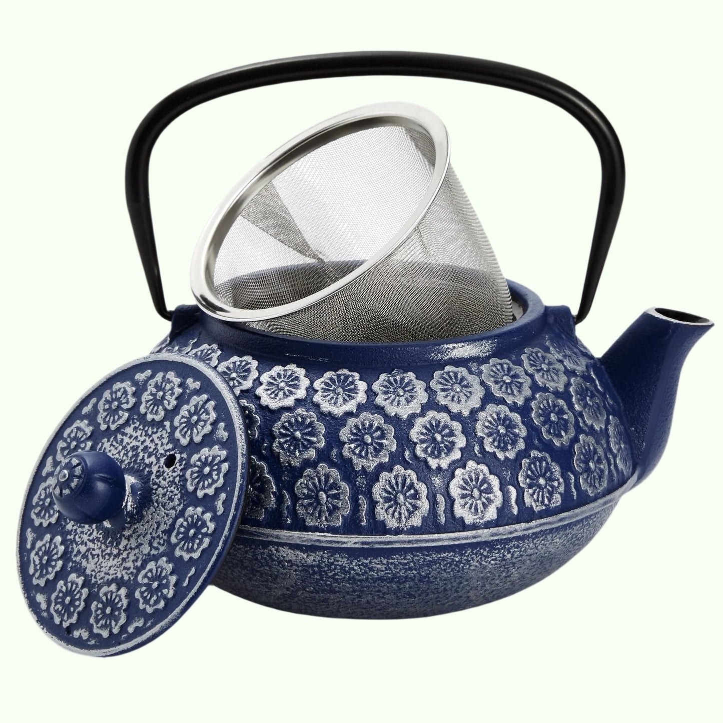 Blaue chinesische Teekanne aus Gusseisen mit Teesieb für losen Tee, inklusive Griff und abnehmbarem Deckel, 34 oz