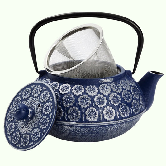 Синий чугунный китайский чайник с инфузсером для свободного листового чая, включает в себя ручку и съемную крышку, 34 унции