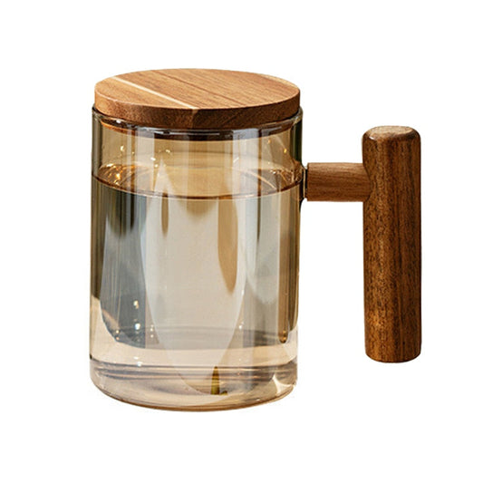 Glass Teacup with Infuser and Lid, Glass Tea Mug, Big Tea Cup with Wood Handle for Loose Leaf Tea