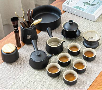 Black Pottery Tea Ceremony Set Ceramic Kung Fu Teapot Set Zen Style Tea Service Set with Tea Caddy, Gift Set