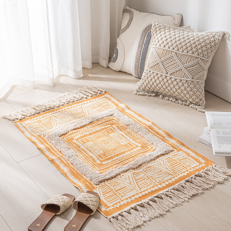 Katoenen linnen geweven vintage kwastjes tapijten boho kamer decors esthetische bedrooom bedcapets woonkamer eenvoudige homestay vloermat