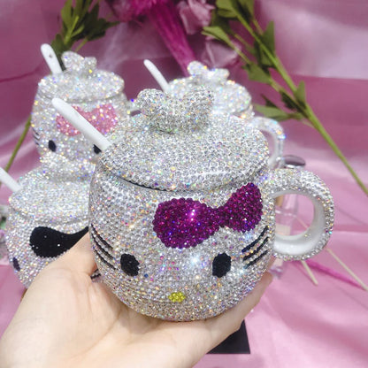 Kreative Tasse im niedlichen Katzen-Stil mit Diamant-Intarsien, luxuriöse Kaffeetasse aus Keramik