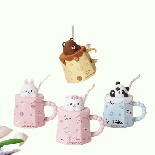 Cute Cartoon Ceramic Cup Mug with Cover and Straw High Color Ceramic Water Cup Household Milk Cup Tea Coffee Cola Cup Set