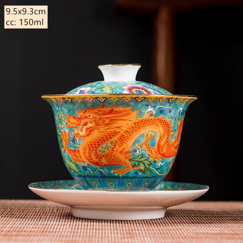Sancai Gaiwan bol en céramique, tasse principale Dragon et phénix, tasse à thé de couleur émail faite à la main, service à thé haut de gamme pour le Respect